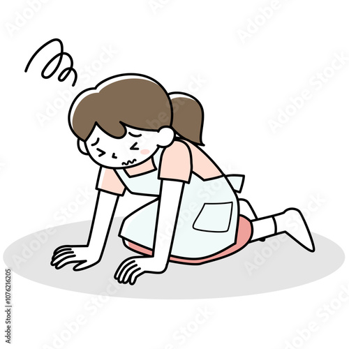 ガックリと膝をつくエプロンを着けた女性