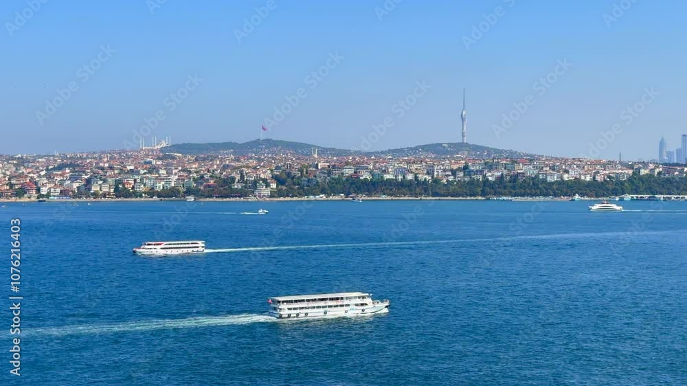 Sea of Marmara and Bosporus with travel tour boat, landscape of Istanbul, Turkey Sea of Marmara and Bosporus with travel tour boat, landscape of Istanbul, Turkey