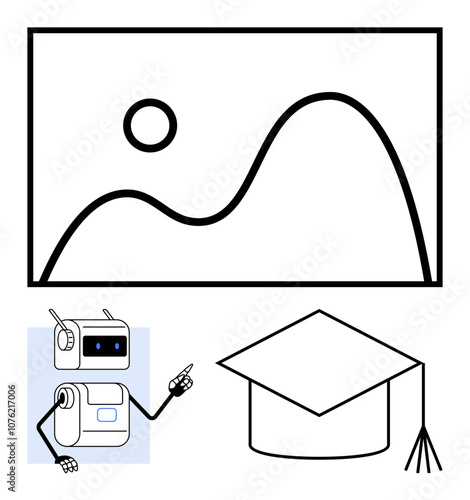 Robot pointing at line graph and graduation cap. Ideal for education, technology, learning, AI in teaching, futuristic classrooms, academic success, innovation themes. Line metaphor