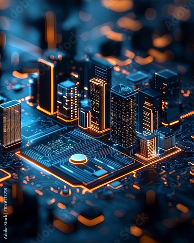 Futuristic cityscape emerging from a circuit board with glowing elements. photo