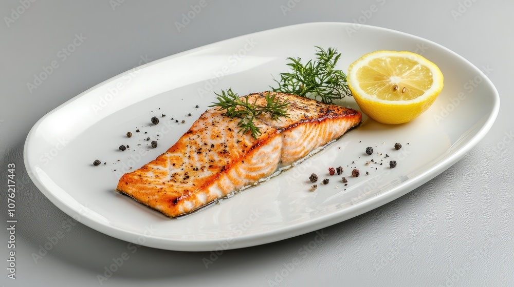 Grilled salmon fillet with a lemon garnish presented on a white plate, perfect for highlighting the deliciousness of grilled salmon. Photo style includes ample copy space. Grilled salmon fillet with a lemon garnish presented on a white plate, perfect for highlighting the deliciousness of grilled salmon. Photo style includes ample copy space.