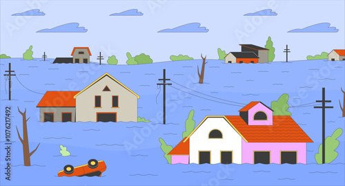 Floods danger flat illustration. Global climate crisis. Residential buildings going under water 2D landscape cartoon background. Consequences of global warming on environment scene vector image