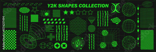 Abstract geometry wireframe shapes and patterns, cyberpunk elements, signs and perspective grids. Surreal geometric retro signs. Rave psychedelic futuristic Y2k acid aesthetic set. Vector illustration