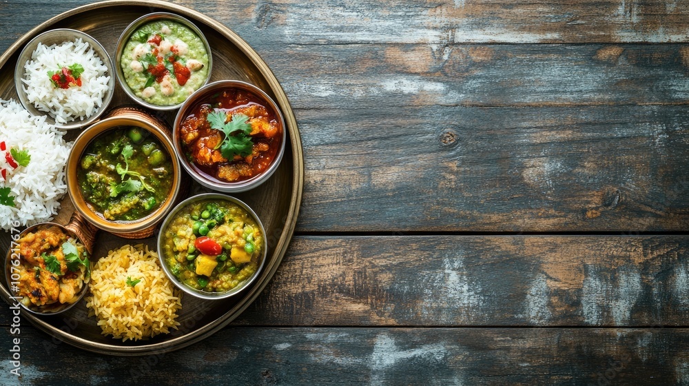 Traditional South Indian thali lunch or dinner includes a variety of 6-8 vegetarian dishes, served with rice and chaat, perfect for a wholesome meal, with plenty of copy space. Traditional South Indian thali lunch or dinner includes a variety of 6-8 vegetarian dishes, served with rice and chaat, perfect for a wholesome meal, with plenty of copy space.