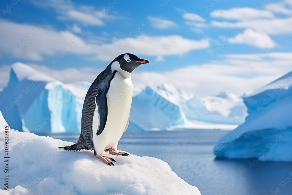 Naklejka premium A penguin stands on the snow among the glaciers.