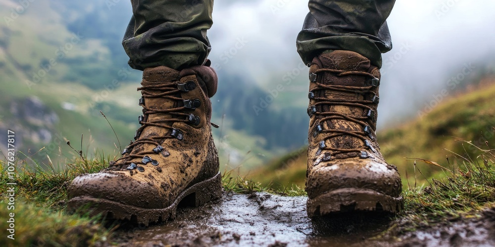 Hiking boots covered in mud stand out against a foggy mountain scenery, showcasing the adventurous spirit of trekking in natures beautiful yet rugged terrain.