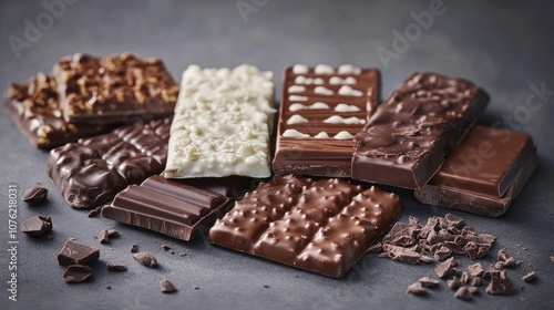 Assorted chocolate bars displayed in various arrangements create an enticing selection of chocolates, perfect for indulging. The chocolate bars invite a delightful taste experience.