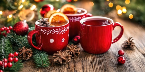 Zoomed in view of mugs filled with warm spiced wine or festive punch, featuring ample space for text or additional information. Perfect for holiday gatherings and celebrations. photo