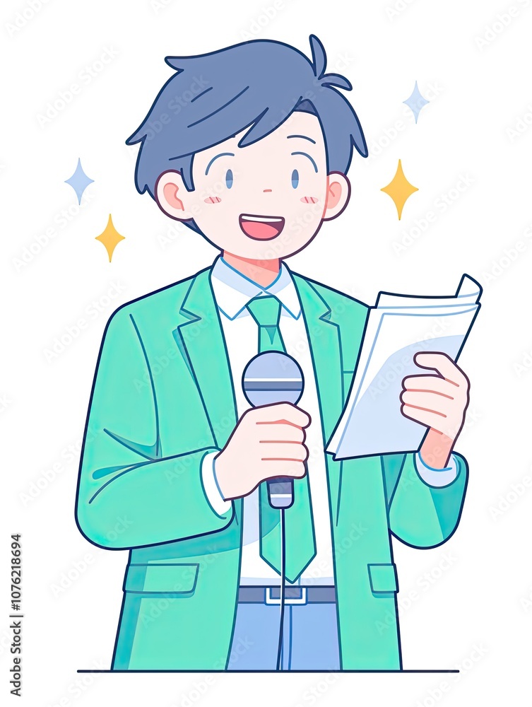 Cute Icon of a Male Journalist Conducting an Interview, Holding a Microphone and Gesturing, Flat Style Design with Soft Colors on White Background Cute Icon of a Male Journalist Conducting an Interview, Holding a Microphone and Gesturing, Flat Style Design with Soft Colors on White Background