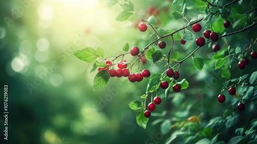 Red ripe berries, including cowberry, cranberry, and lingonberry, are displayed on plant branches in a lush forest, creating a visually appealing scene with ample copy space. photo