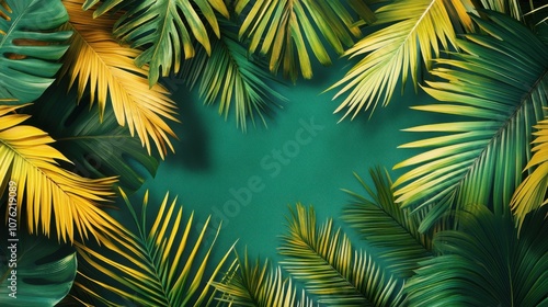 Vibrant tropical palm leaves creating a lush frame on a deep green background, perfect for a nature-themed design.