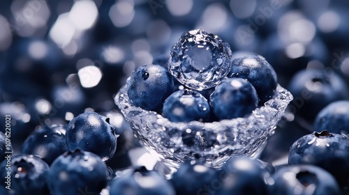 Fresh, ripe blueberries in a small bowl highlight their juicy texture, with studio lighting enhancing the vibrant colors. This photo provides ample copy space for captions or text.