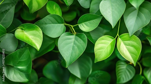 Close-up image of vibrant green leaves from the Smilax plant in a lush tropical garden, emphasizing the intricate details of nature with ample copy space available. photo