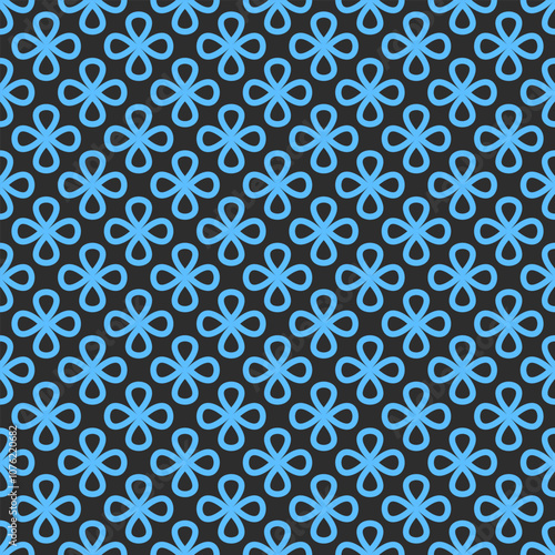 Seamless floral pattern bold blue clover shapes with rounded petals on a contrasting background. High quality geometric vector design in retro style, For modern decor, wallpaper, and print. Y2K style.