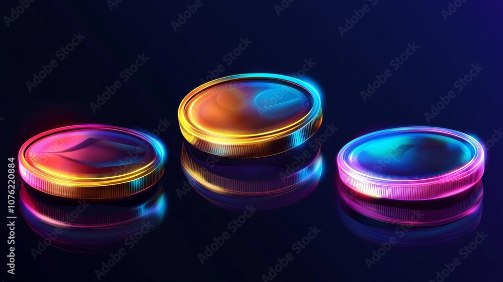 A 3D set of holographic or neon coins displayed from different angles, symbolizing gold and wealth. The stock vector illustration features shiny, glowing coins on an isolated background. A 3D set of holographic or neon coins displayed from different angles, symbolizing gold and wealth. The stock vector illustration features shiny, glowing coins on an isolated background.