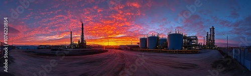 A beautiful sunset over a large industrial area with many tanks