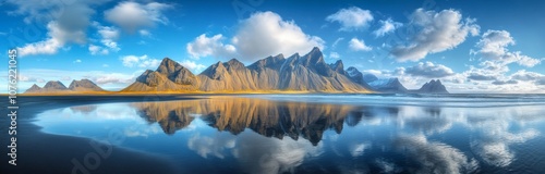 A beautiful mountain range is reflected in the water