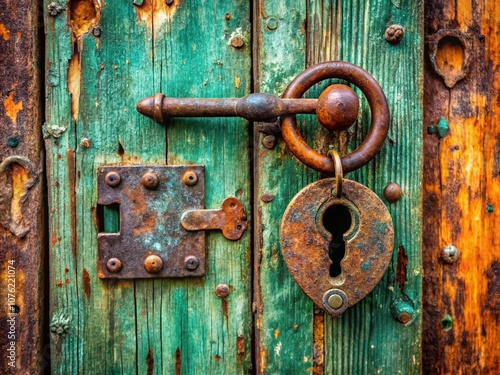 Vintage Metal Lock & Key on Old Door - Documentary Photography