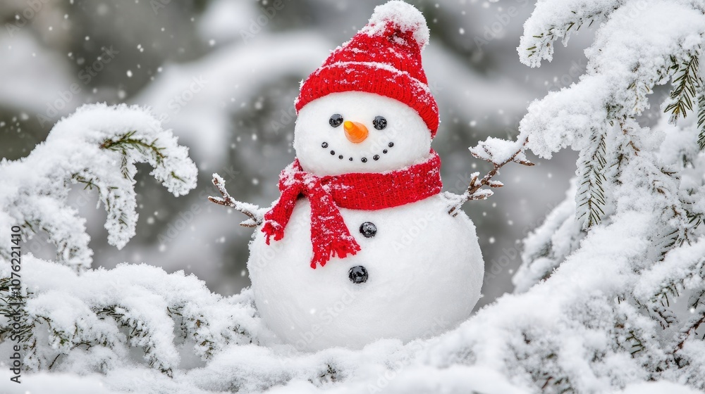 Snowman in a picturesque winter landscape surrounded by snow on tree branches, creating a tranquil atmosphere filled with winter charm and beauty, with ample copy space for design. Snowman in a picturesque winter landscape surrounded by snow on tree branches, creating a tranquil atmosphere filled with winter charm and beauty, with ample copy space for design.
