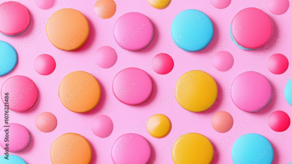 Colorful macarons and round candies scattered on a vibrant pink background. Colorful macarons and round candies scattered on a vibrant pink background.