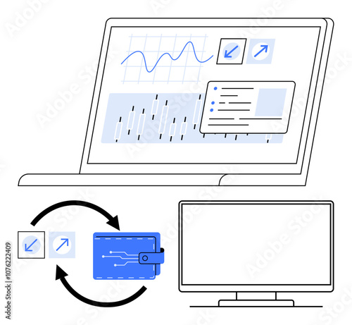 Laptop showing financial charts, electronic wallet with data transfer arrows, and a desktop monitor. Key themes digital finance, cryptocurrency, online transactions, data analysis, fintech, virtual