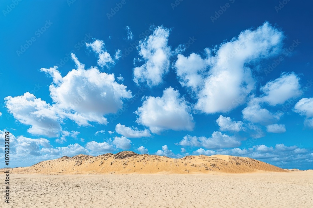 Fototapeta premium Sandy Desert Landscape with Blue Sky and White Clouds