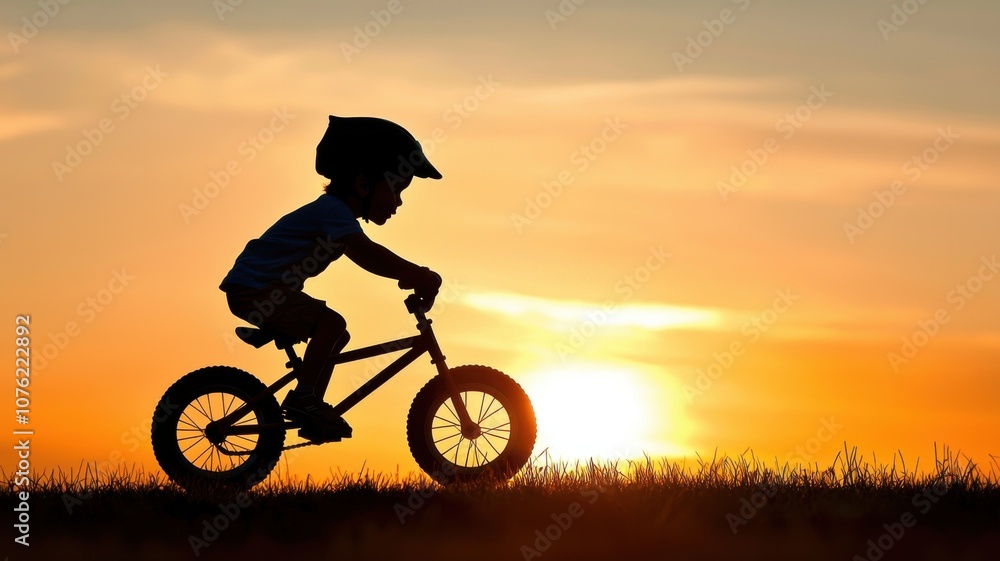 Obraz premium Child rides a bicycle at sunset embracing adventure and freedom in nature's glow