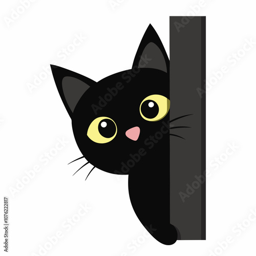 Cute black cat peeking out from around the corner vector illustration