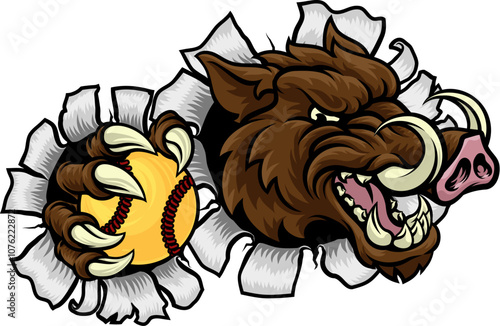 A wild boar, hog razorback warthog pig mean tough cartoon sports mascot holding a softball ball