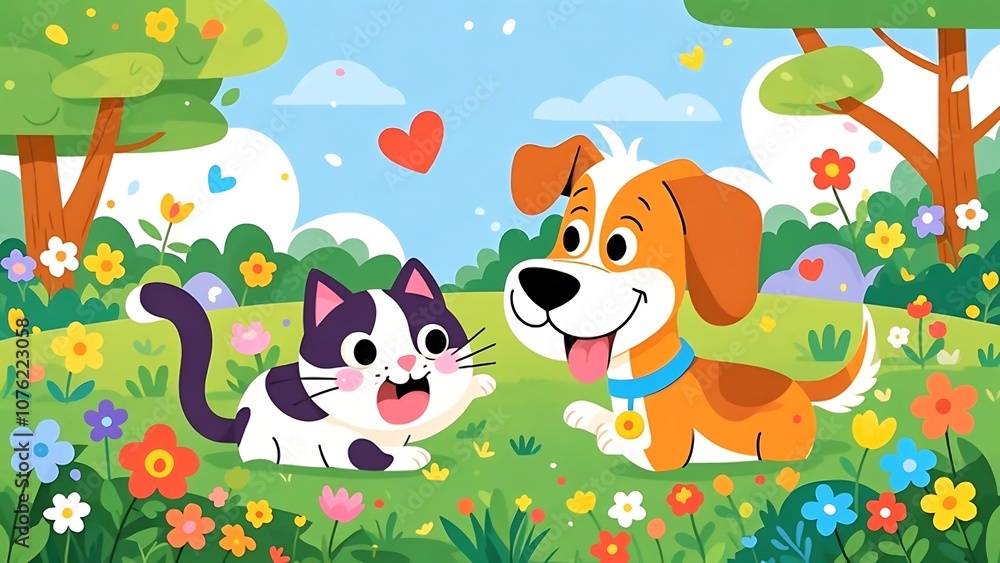 Naklejka premium Vector image of a cat and a dog playing together in a green park, surrounded by colorful flowers and trees. Cheerful and friendly expressions.
