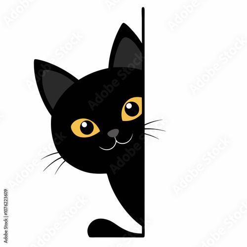 Cute black cat peeking out from around the corner vector illustration