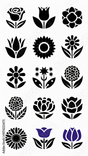 Set of logotype icons flowers Rose, Tulip, Orchid, Sunflower, Lily, Daisy, Daffodil, Jasmine, Lavender, Marigold, Peony, Chrysanthemum, Hibiscus, Poppy, Violet illustration silhouettes