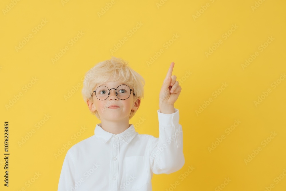 2408_083.Back to school. Portrait of funny clever blonde school boy in round glasses with bag in white shirt. Pointing up. Yellow studio background. Education. Looking and smiling at camera 2408_083.Back to school. Portrait of funny clever blonde school boy in round glasses with bag in white shirt. Pointing up. Yellow studio background. Education. Looking and smiling at camera