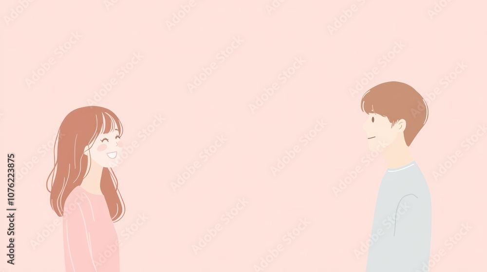 A simple illustration of two smiling individuals facing each other against a soft pink background. A simple illustration of two smiling individuals facing each other against a soft pink background.