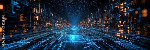 A Digital Cityscape with Blue and Orange Lights and a Circuit Board Path