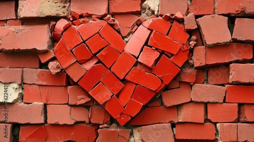 A horizontal image of a broken red heart shape crafted from crumbling bricks, highlighting the intricate texture of the bricks and the unique design, with ample copy space. photo