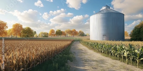 A grain storage bin is located next to a prepared corn field, ready for its intended purpose of storing harvested grain.