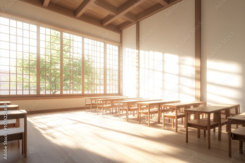 2408_020.interior of a traditional school classroom with wooden floor and furniture. 2408_020.interior of a traditional school classroom with wooden floor and furniture.
