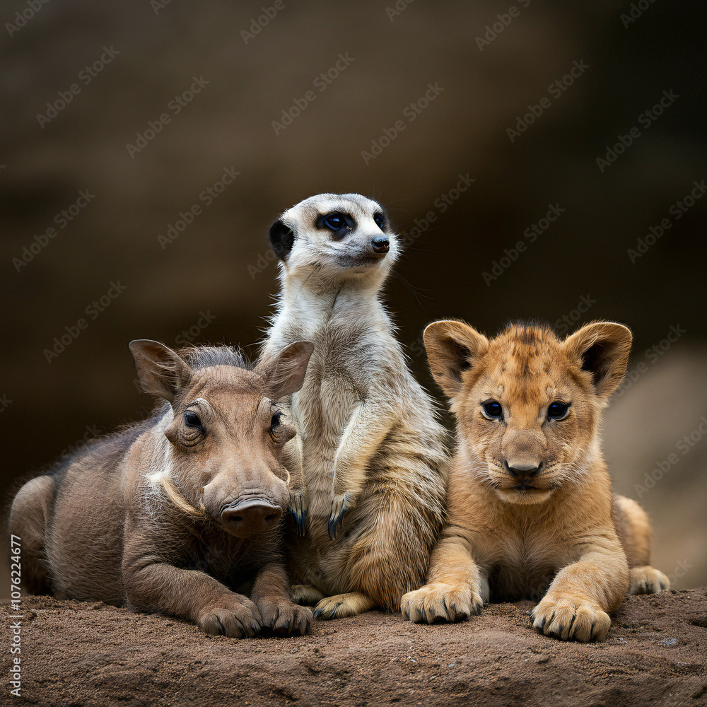 Fototapeta premium Friendship and love photos that don't require animal species (Baby pig, baby bear lion, meerkats)