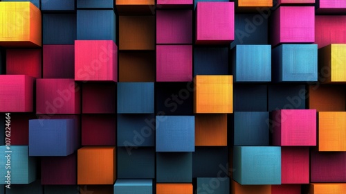 Colorful 3D cubes in vibrant hues of pink, blue, and orange create a striking visual pattern.