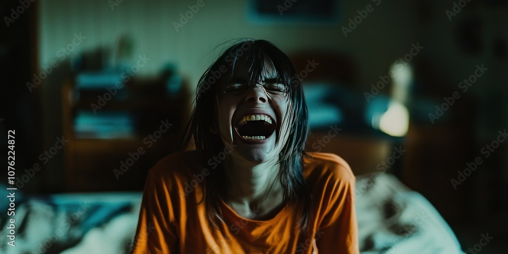 A person in an orange shirt expresses intense emotion while sitting on a bed in a dimly lit room. A person in an orange shirt expresses intense emotion while sitting on a bed in a dimly lit room.
