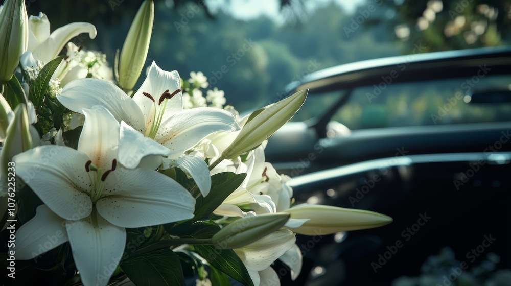Funeral Flowers Arrangement with White Roses Lilies on Seat in Soft Light Funeral Flowers Arrangement with White Roses Lilies on Seat in Soft Light