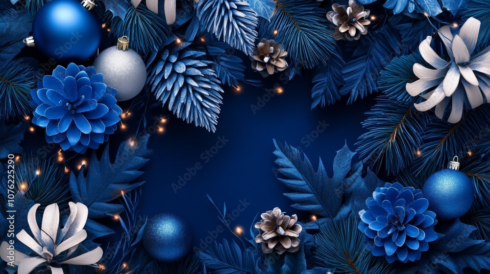 Blue and White Christmas Decoration with Fir Branches and Pine Cones Blue and White Christmas Decoration with Fir Branches and Pine Cones