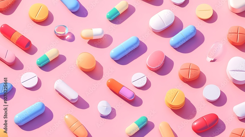 Colorful Pills and Capsules Arranged on a Pink Background Colorful Pills and Capsules Arranged on a Pink Background