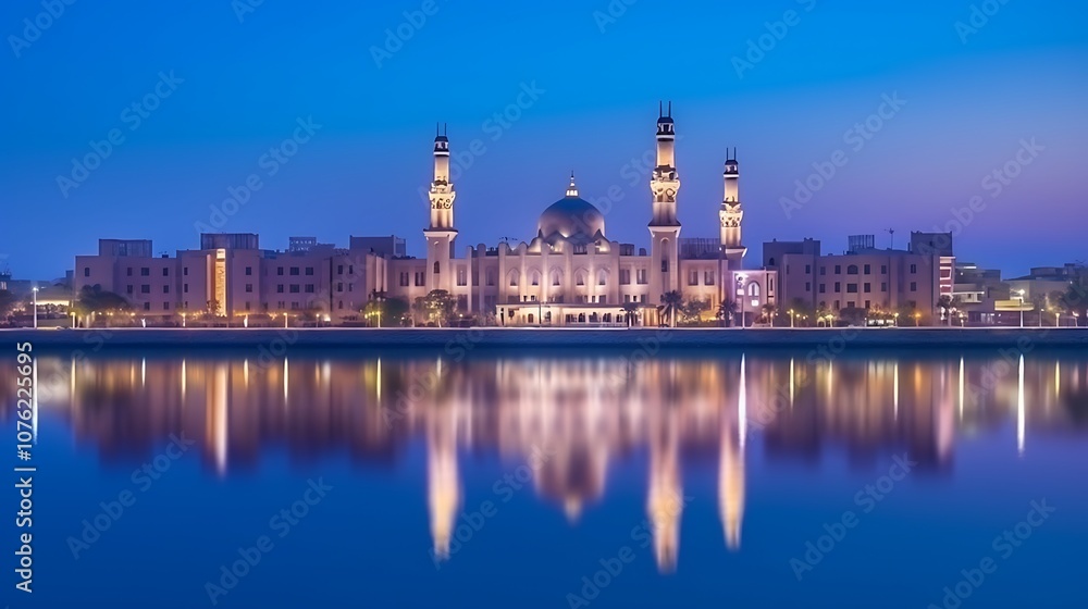 Mosque with Minarets Reflecting in Still Water at Dusk Mosque with Minarets Reflecting in Still Water at Dusk