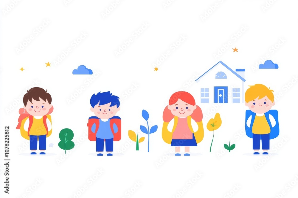 2408_031.Happy children with backpacks meeting near school building. Girls and boys greeting each other. Elementary pupils with schoolbags. Colored flat vector illustration isolated on white 2408_031.Happy children with backpacks meeting near school building. Girls and boys greeting each other. Elementary pupils with schoolbags. Colored flat vector illustration isolated on white
