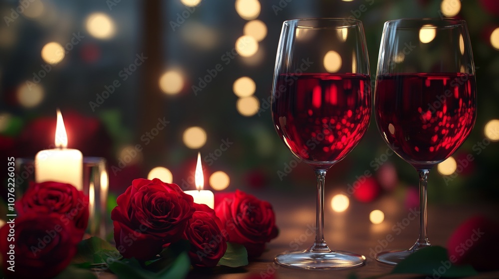Glasses of Red Wine with Candles and Roses for Romantic Evening Glasses of Red Wine with Candles and Roses for Romantic Evening