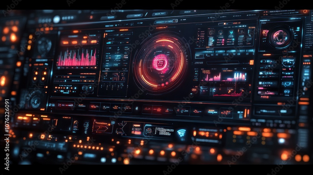 Futuristic digital interface with data visualization and controls. Futuristic digital interface with data visualization and controls.