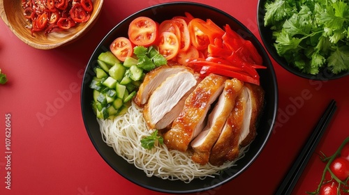 Vermicelli noodles in a bowl accompanied by roasted chicken and fresh vegetables create a delightful Asian food concept. Enjoy rice noodles and chicken for dinner. Top view with copy space. photo