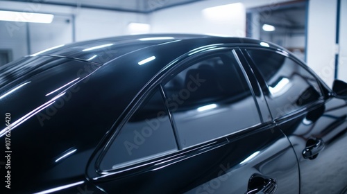 Side view of car window tint, ceramic film provides heat rejection and UV protection with stable color, car film installed on the glass surface of the , selected focus car tinting service